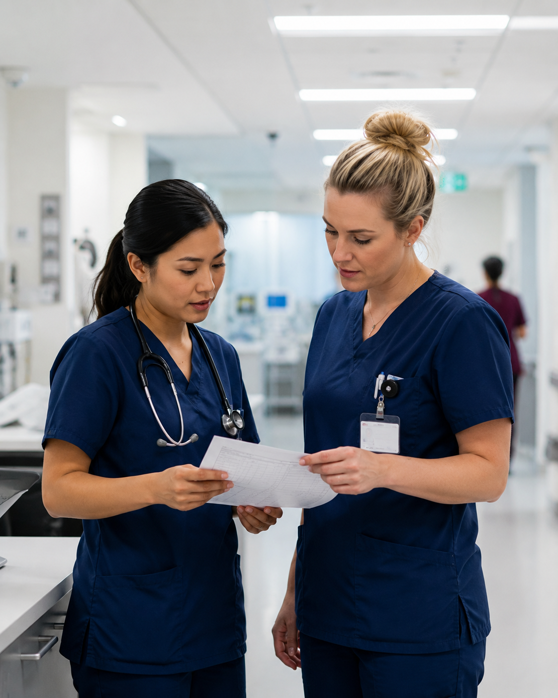 Two registered nurses in navy scrubs reviewing a patient care document together in a modern hospital corridor