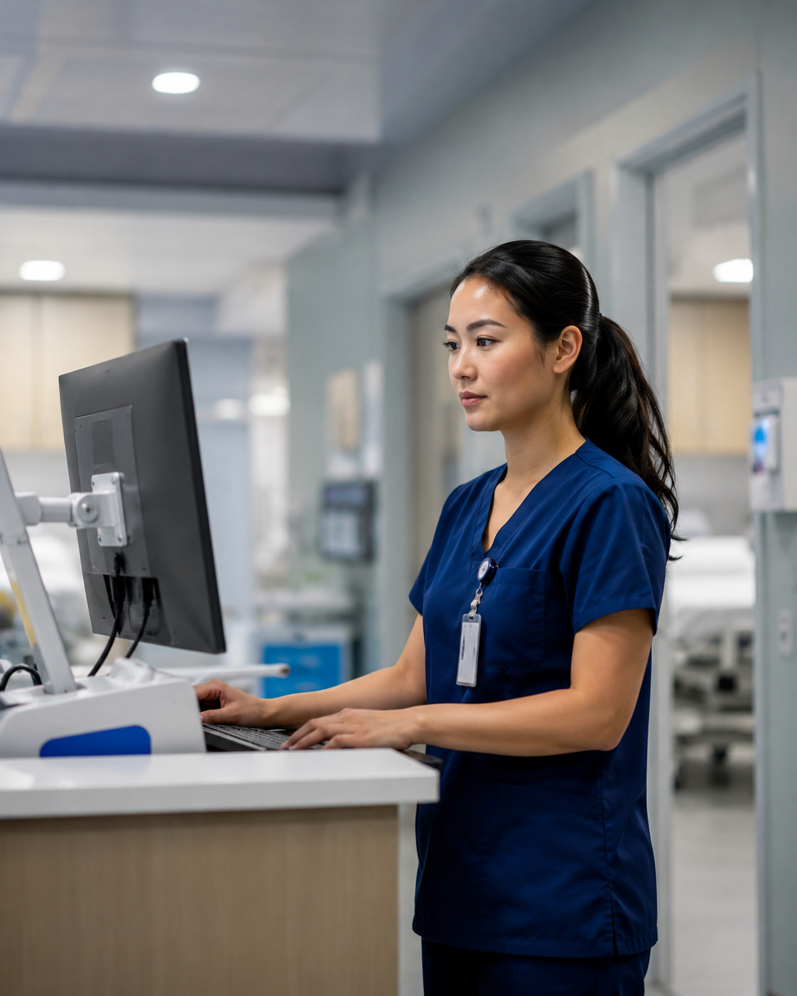 Registered nurse reviewing credentialing information at a clinical workstation