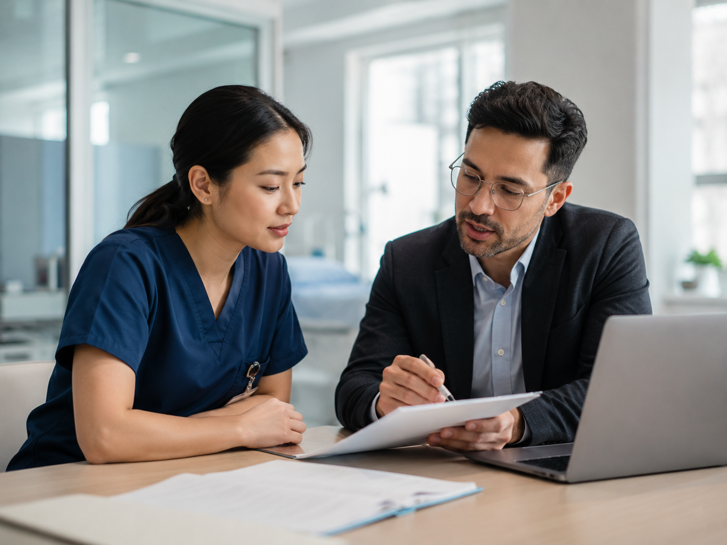 Healthcare leader and nurse reviewing project documents together in a modern clinical office