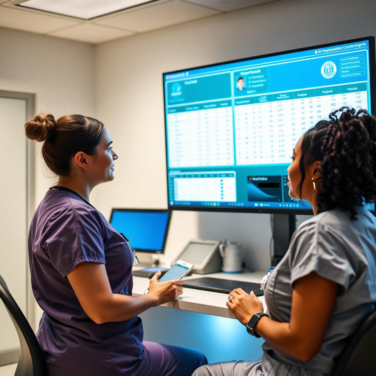 Registered nurses reviewing a healthcare workflow dashboard