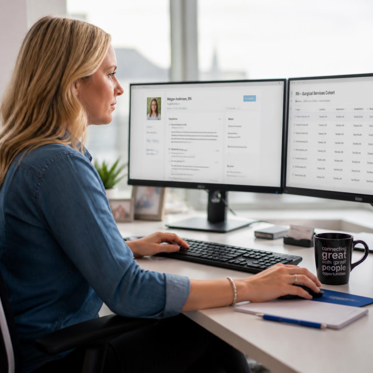 Healthcare recruitment specialist reviewing nurse profiles at a workstation