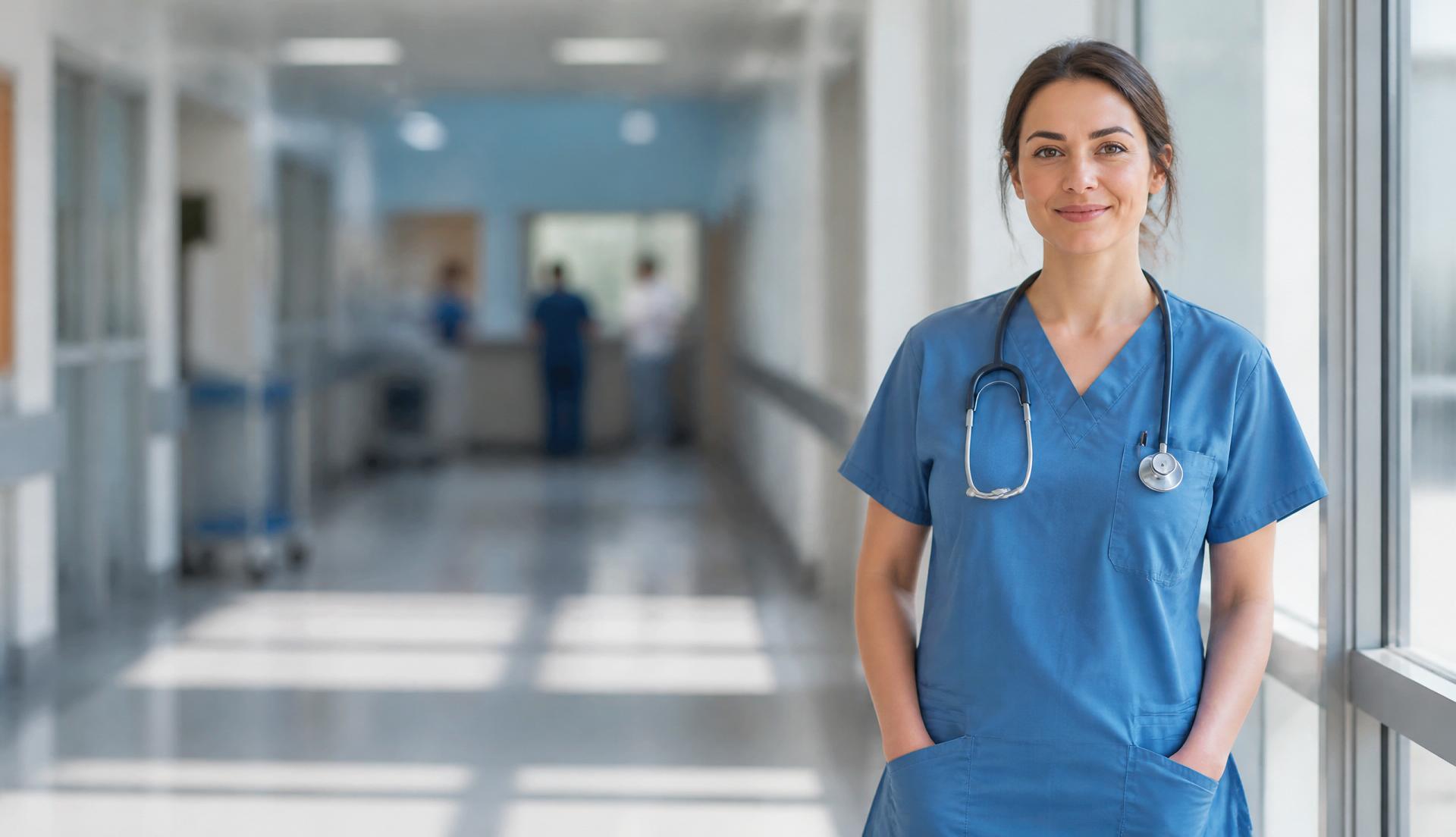 Registered nurse in a modern hospital representing frontline clinical expertise for healthcare AI.