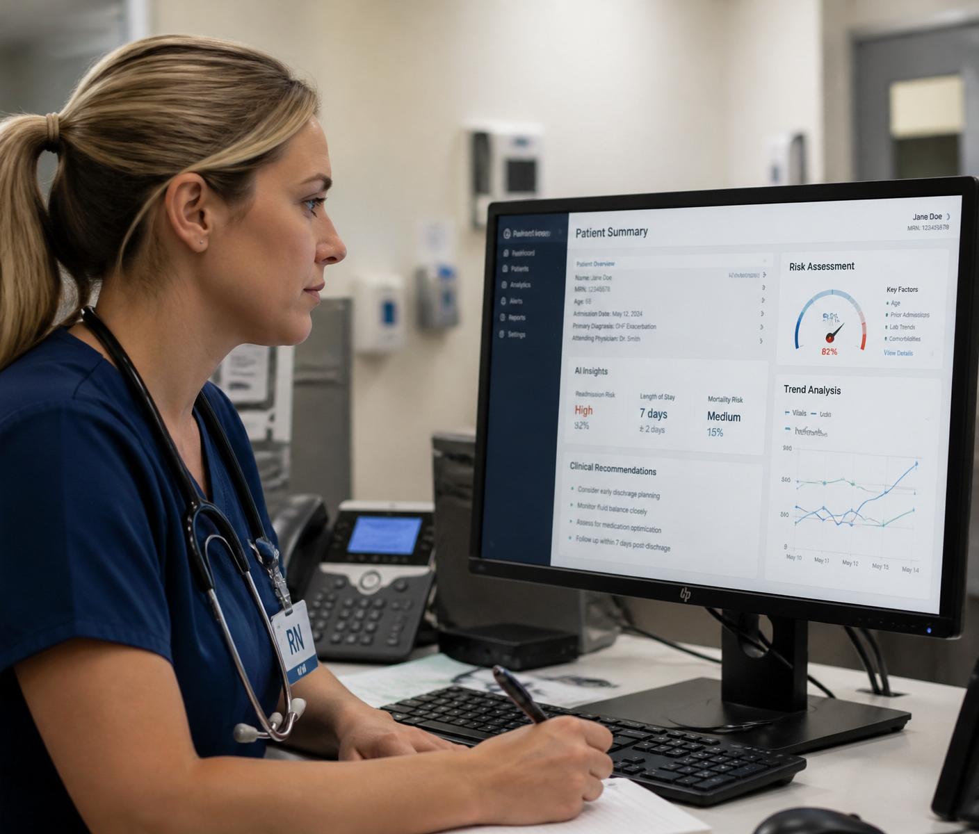 Registered nurse reviewing healthcare AI output on a clinical workstation