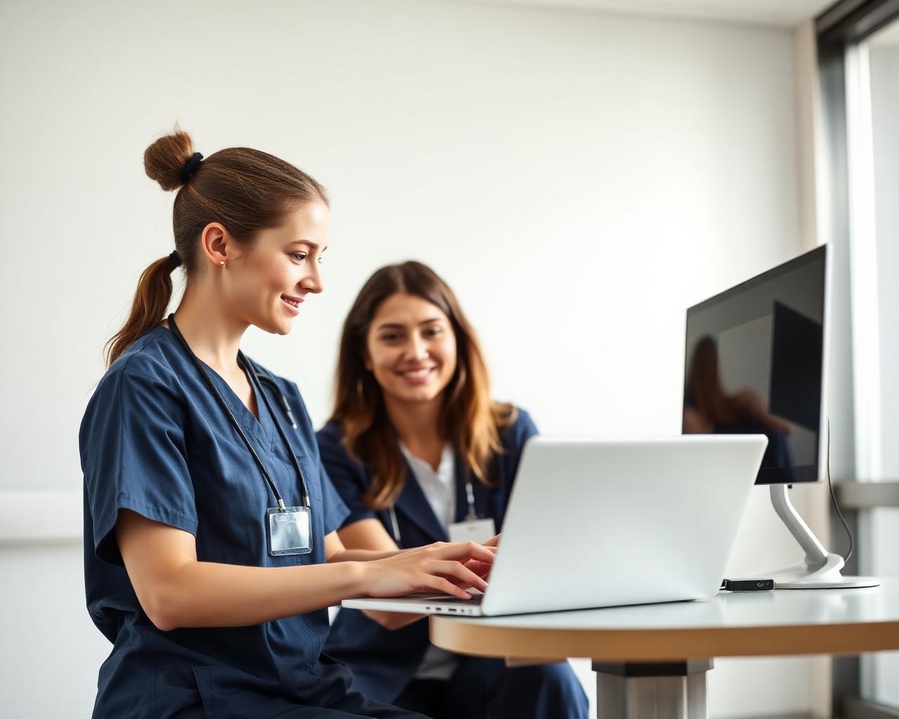 Registered nurse and healthcare product manager reviewing an AI workflow on a laptop