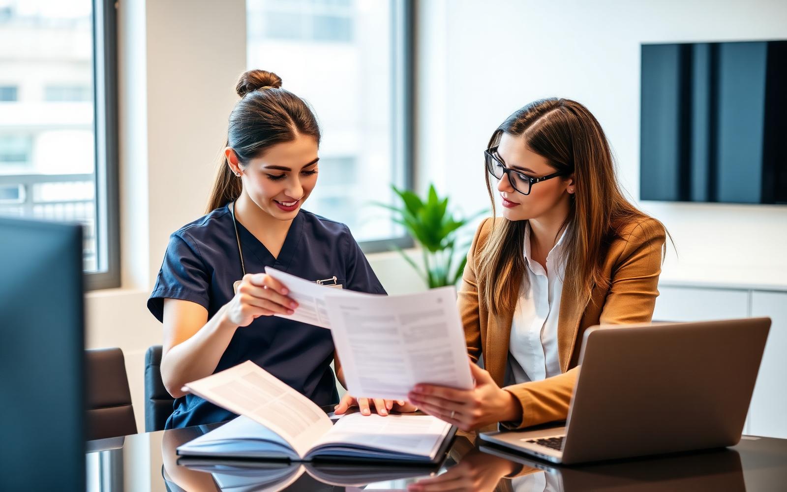 Registered nurse and healthcare project leader reviewing a project brief together