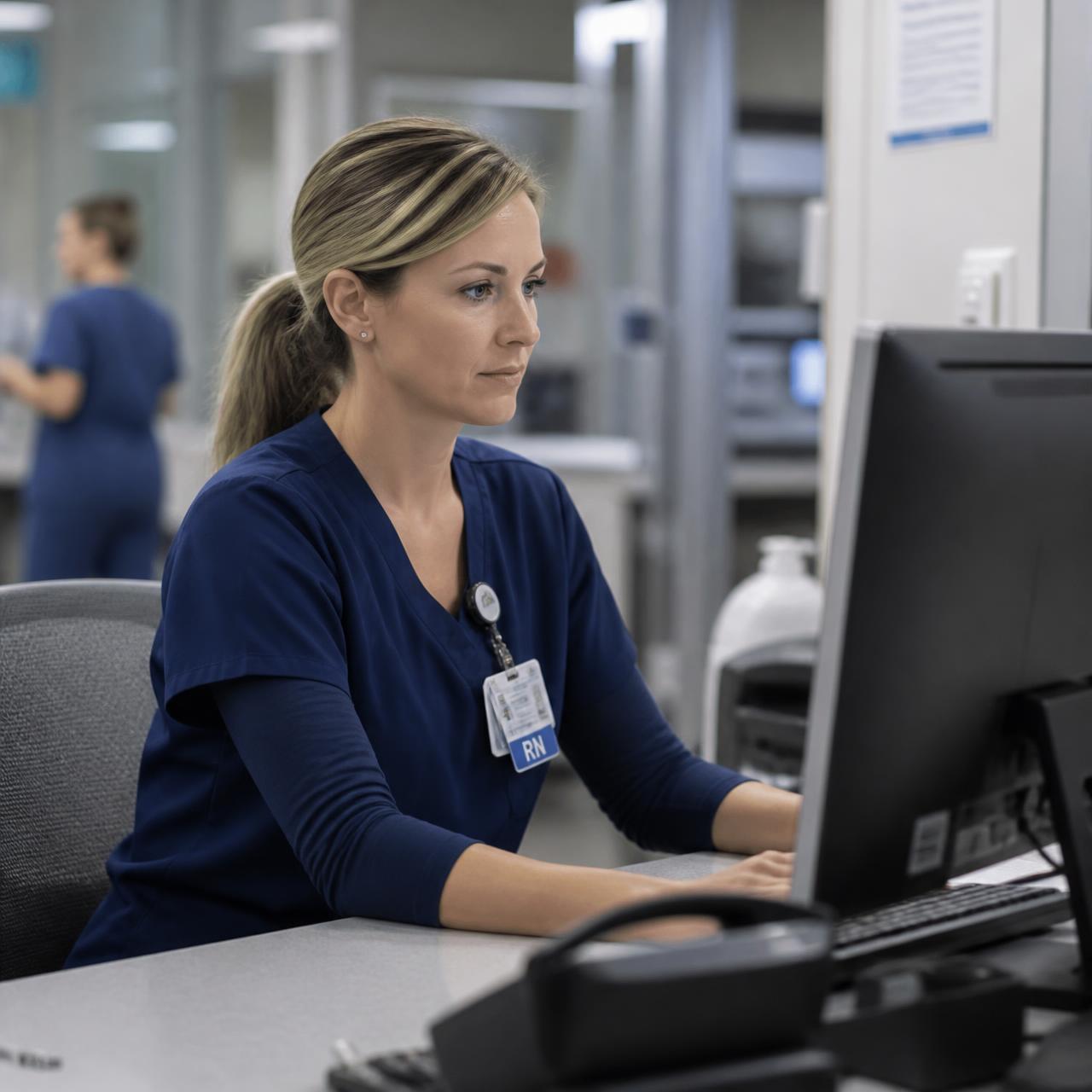 Registered nurse reviewing clinical data at a hospital workstation