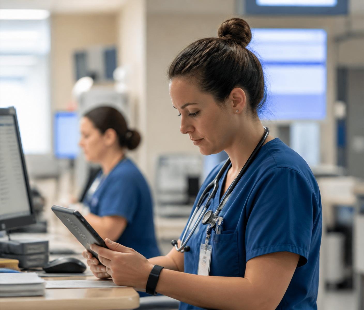 Registered nurse reviewing clinical data at a hospital workstation