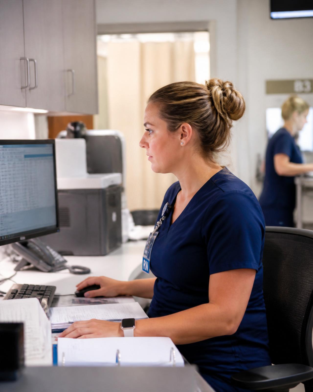 Registered nurse reviewing patient data at a clinical workstation with a colleague working in the background